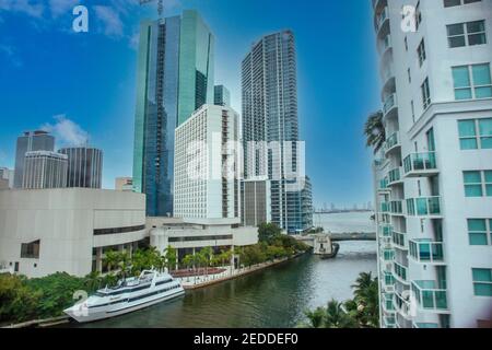 The mouth of the Miami River seen from the Metromover in Miami, Florida. Stock Photo