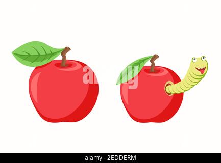 Set of red apples with green caterpillar and without it. Stock Vector