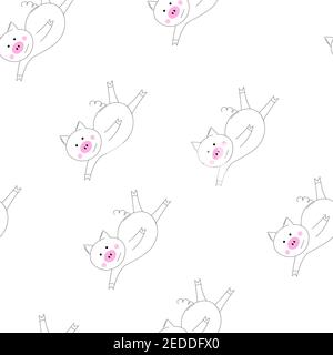 Outline vector animals seamless pattern. The piglet does exercises, goes in for sports. Cute pig on white background. Cartoon adorable character Stock Vector