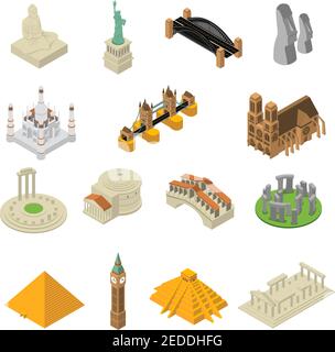 World most famous landmarks isometric icons collection with egyptian pyramids and american liberty statue isolated vector illustration Stock Vector