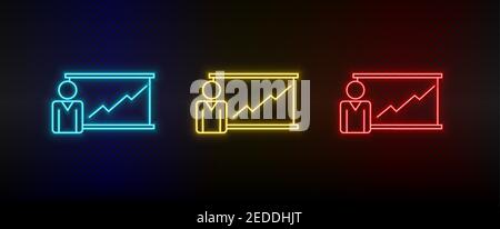 Neon icon set graph, meeting. Set of red, blue, yellow neon vector icon Stock Vector
