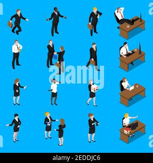 Business people at work isometric icons collection with office manager businessman and secretary abstract vector isolated illustration Stock Vector