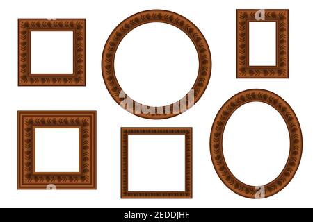 Big set of squared and round vintage wooden frame with floral ornament for your design. Vintage cover. Place for text. Vintage antique beautiful Stock Vector