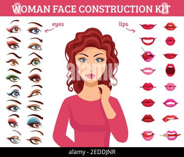 Woman face construction kit with eyes and lips makeup flat vector illustration Stock Vector