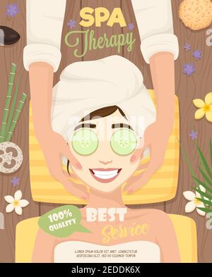 Skincare routine poster with happy cartoon woman character during aesthetic facial procedures with decorative flower elements vector illustration Stock Vector