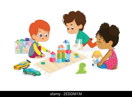 Children sit in circle and play with toys in the kindergarten classroom, play with wooden toy blocks, cars, doll and laugh. Learning through Stock Vector