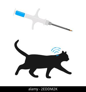 Syringe with microchip and walking cat silhouette with implant and RFID signal. Concept of pets microchipping, animals permanent ID. Vector flat illustration. Stock Vector