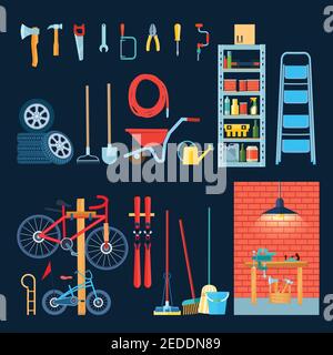Home garage storeroom house interior objects composition with flat images of different manual tools and equipment vector illustration Stock Vector