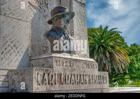 The bronze bust of Carl Graham Fisher, founder of Miami Beach, on his Monument in Fisher Park. Stock Photo