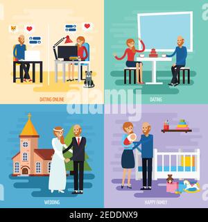Four square family relationship character icon set with dating online dating wedding and happy family descriptions vector illustration Stock Vector