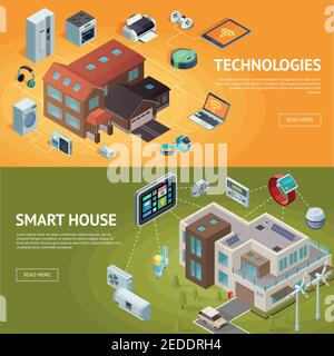 Set of horizontal isometric house banners with modern connected home technologies and internet of things conceptual compositions vector illustration Stock Vector