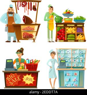Traditional counter service shops sellers at work 4 cartoon compositions icons with butcher and grocery store vector illustration Stock Vector