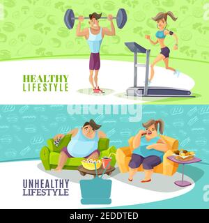 Healthy and unhealthy people horizontal banners set isolated cartoon vector illustration Stock Vector