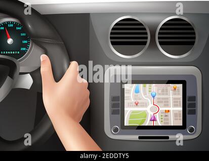 Realistic vector illustration of driver hands holding steering wheel with gps navigator in  cockpit car panel Stock Vector