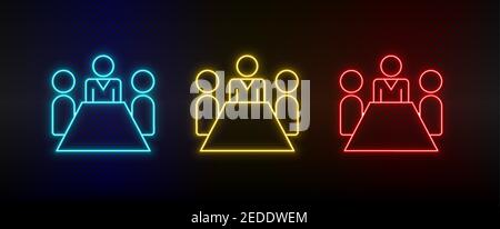 Neon icon set business meeting, conference. Set of red, blue, yellow neon vector icon Stock Vector
