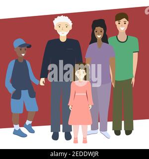 Multi-generation family portrait. Parents, son, daughter and grandfather. Multi-ethnic family concept. Isolated vector illustration on a white backgro Stock Vector