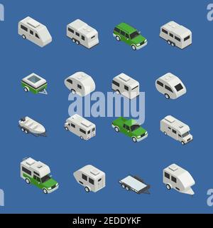 Recreational vehicles isometric icons set on blue background isolated vector illustration Stock Vector