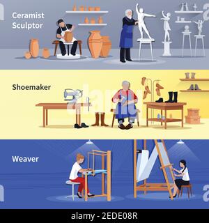 Craftspeople at work 3 flat banners set with sculptor ceramist shoemaker and weaver isolated vector illustration Stock Vector