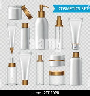 Realistic and isolated transparent cosmetics icon set with gold batchers on transparent background vector illustration Stock Vector