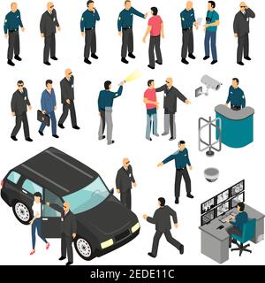 Security isometric set with personal guards and professional equipment checkpoint and surveillance system isolated vector illustration Stock Vector