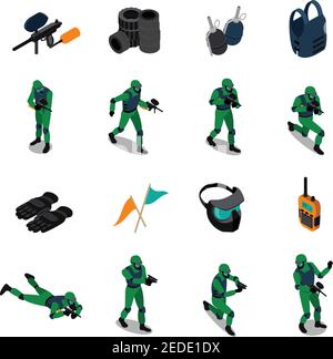 Paintball set of isometric icons with players in various poses weapon tires protective gear isolated vector illustration Stock Vector