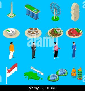 Singapore tourists attractions with national flag cultural symbols and food isometric icons set abstract vector isolated illustration Stock Vector