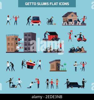 Colored and isolated ghetto slum flat icon set with people living in in bad conditions vector illustration Stock Vector