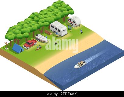 Recreational vehicles on beach isometric composition with people and boat vector illustration Stock Vector