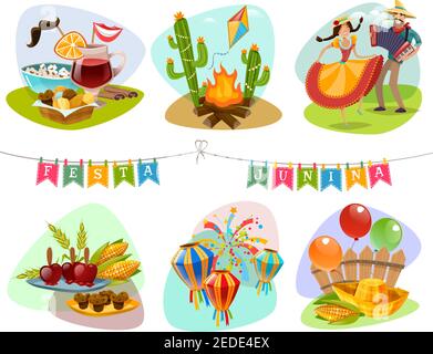 Festa junina isolated mini compositions with holiday decorations and traditional carnival accessories cartoon vector illustration Stock Vector