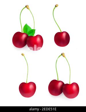 Cherry isolated on white background.  Cherries berries with green leaves. Collection. Stock Photo
