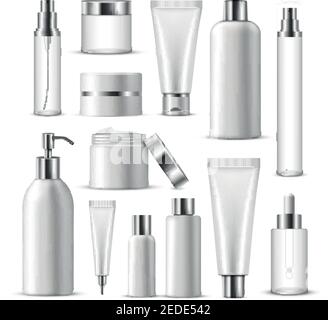 3d white realistic cosmetic package icon set empty tubes on white background vector illustration Stock Vector