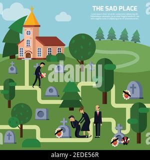 Cemetery with church tombstones memorial wreaths relatives of deads green lawn and trees flat style vector illustration Stock Vector