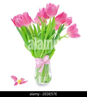 Pink tulips isolated on white background. Spring tulip  flowers. Easter or Valentine's day greeting card. Stock Photo