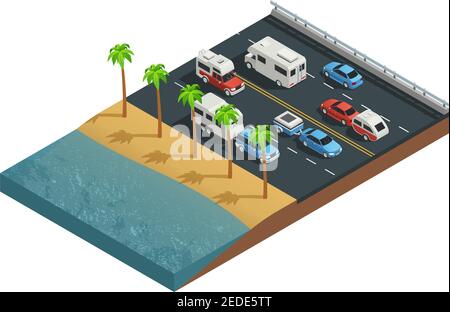 Recreational vehicles on road isometric composition with trailer people and forest vector illustration Stock Vector