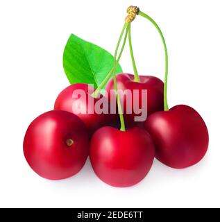 Red Cherry with green leaves isolated on white background.  Fresh Cherry berry closeup Stock Photo