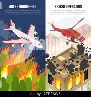 Fire department vertical banners with air extinguishing and rescue operation from burning building isolated vector illustration Stock Vector