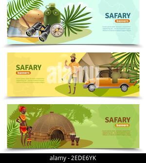 Three isolated horizontal safari banner set with big colored headlines and different themes of safari vector illustration Stock Vector