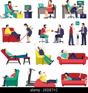 Set of lazy and tired people in office workplace and at home on sofa isolated vector illustration Stock Vector