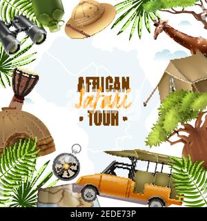 African tour background in realistic style with decorative frame consisting from safari travel accessories vector illustration Stock Vector