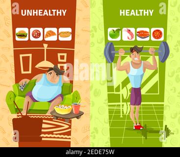 Healthy and unhealthy man vertical banners set cartoon isolated vector illustration Stock Vector