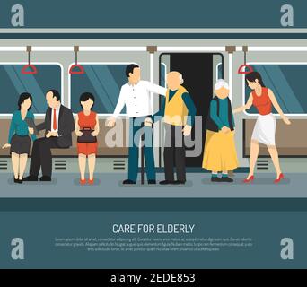 Care for elderly scene in subway car  with young man and woman helping old passengers vector illustration Stock Vector