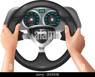 Colored 3d and realistic isolated hands driver in car with steering wheel vector illustration Stock Vector