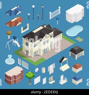 Suburb house isometric set on blue background isolated vector illustration Stock Vector