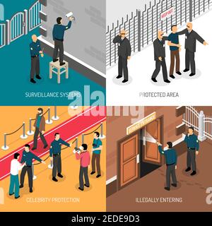Celebrities bodyguards professional protective security service daily activities concept 4 isometric icons square poster isolated vector illustration Stock Vector