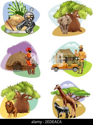 Collection of decorative mini compositions on safari theme with african animals aborigines and  hunter cartoon vector illustration Stock Vector