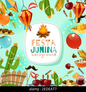 Festa junina cartoon background with decorative frame consisting of traditional celebration symbols flat vector illustration Stock Vector