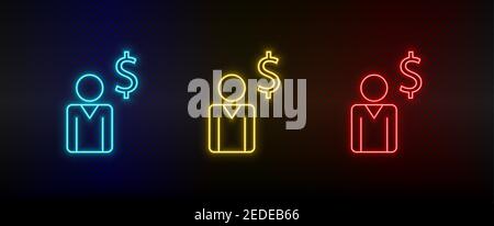 Neon icon set businessman, finance. Set of red, blue, yellow neon vector icon Stock Vector
