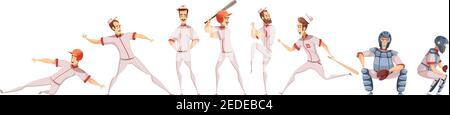 Baseball players colored icons set with cartoon sportsman figurines in different poses on white background flat isolated vector illustration Stock Vector