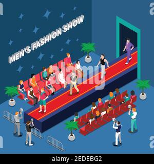 Mens fashion show with models on red walkway spectators and media with cameras isometric vector illustration Stock Vector