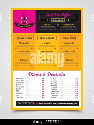 Cafe bistro menu template with special business lunch and free delivery delivery offer colorful realistic vector illustration Stock Vector